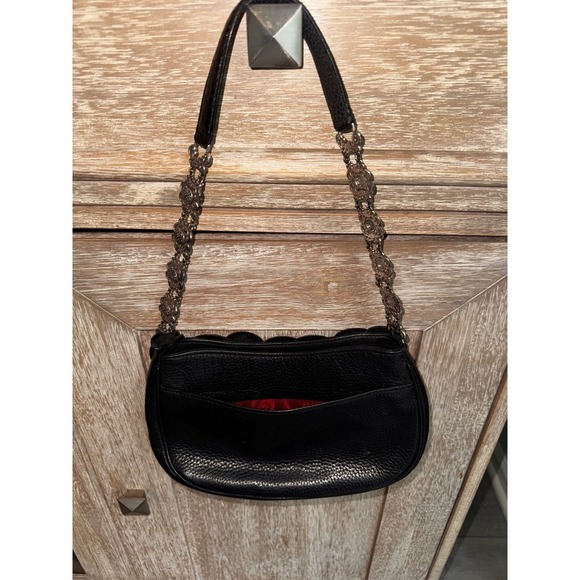 Brighton Black Floral Leather Applique Shoulder Bag Silver Chain Heart Charm - Picture 9 of 13